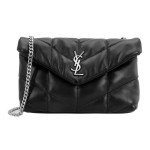 SAINT LAURENT YSL PUFFER, featuring a non-ferrous metal letter logo, magnetic clasp opening and closing design, cloud bag, pillow bag, crossbody single-shoulder bag, black for women